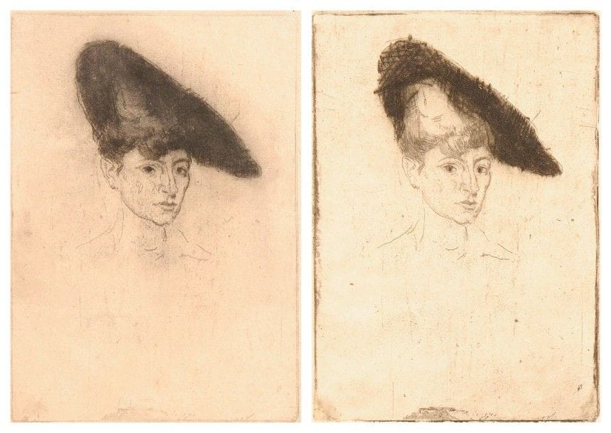 GEORGE BOTTINI (1874-1907)

 Buste de femme en chapeau. Vers 1900. Eau-forte. 105 x 155. Réunion de 2 très belles épreuves d'essai sur japon. Carter Southard non décrit. Toutes marges.
  Sujet à rapprocher du tableau L'Attente au bar (portrait présumé de Sarah Bernhardt), Carter Southard 41. Le modèle est le même.