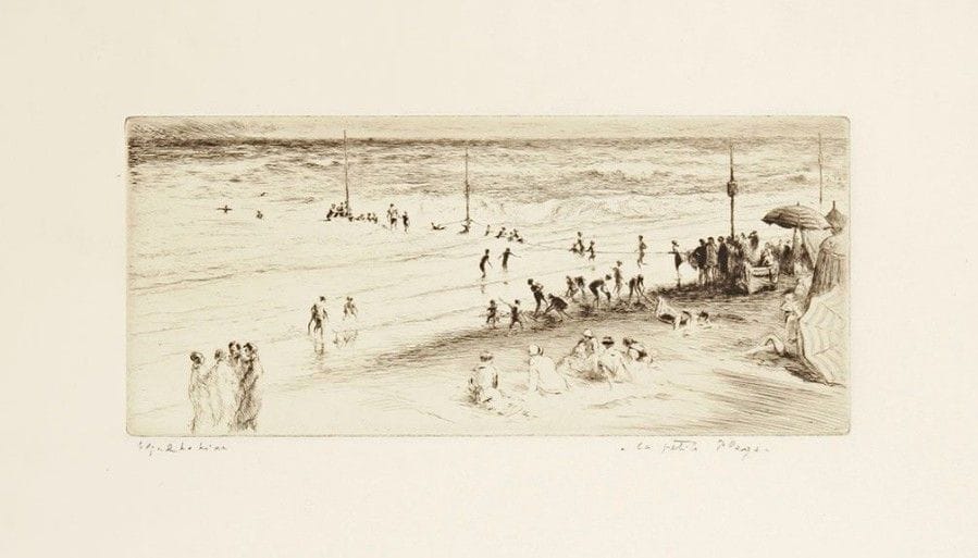 Edgar CHAHINE (1874-1947)

 La Petite plage (Villers-sur-Mer).1930. Pointe sèche. 263 x 115. Tabanelli 413. Très belle épreuve sur vélin, signée et titrée au crayon. Toutes marges. Cadre.