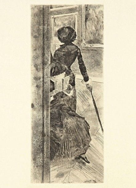Edgar DEGAS (1834-1917)

 Au Louvre : la peinture (Mary Cassatt). Vers 1876. Eau-forte et aquatinte. 125 x 303. Delteil 29; Reed-Shapiro 52. Parfaite épreuve sur japon, du tirage effectué sur le cuivre biffé pour Ambroise Vollard (1918). Toutes marges.