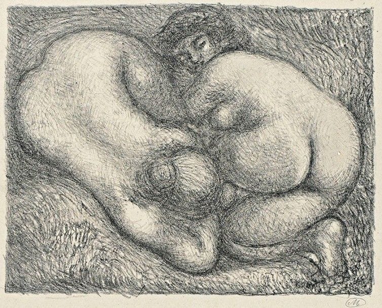 Aristide MAILLOL (1861-1944)

 Deux femmes dans l'herbe. Vers 1928-1930. Lithographie. 250 x 190. Guérin 287. Belle épreuve d'essai sur vélin mince gris, signée du monogramme au crayon et annotée dans l'angle inférieur droit « 1re ». Traces de plis. Toutes marges.