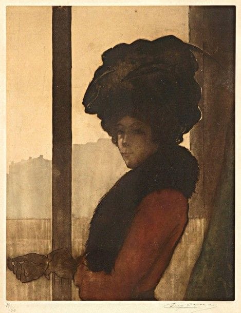 Eugène DELATRE (1864-1938)

 Femme aux gants. 1902. Eau-forte et aquatinte. 255 x 325. Impression en couleurs. Belle épreuve sur vélin, oxydée, numérotée et signée au crayon. Tirage à50 épreuves. Cadre.
  Réf. : N.-H. Zmelty, et al., Impressions à Montmartre, Eugène Delâtre & Alfredo Müller, catalogue d'exposition, musée de Montmartre et Silvana Editoriale, 2013, n° 29.