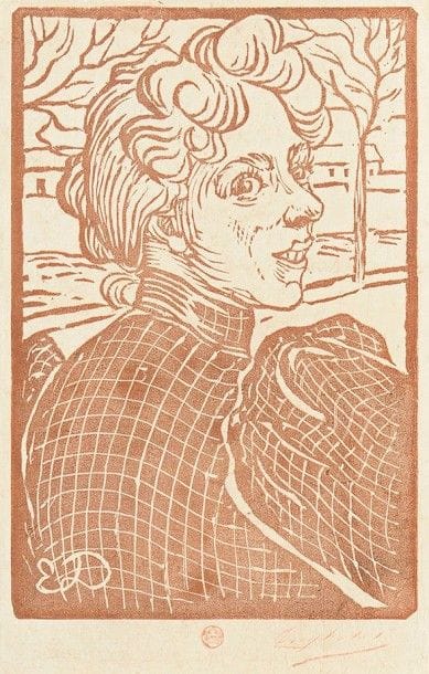 Eugène DELATRE (1864-1938)

 Jeune fille riant. Vers 1895. Bois gravé. 141 x 215. Impression en brun. Très belle épreuve sur japon, timbrée (Lugt 742) et signée au crayon rouge. Fines traces de plis cassés. Petites marges normales.