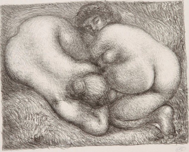Aristide MAILLOL (1861-1944)

 Deux femmes dans l'herbe. Vers 1928-1930. Lithographie. 250 x 190. Guérin 287. Très belle épreuve sur vergé de Montval, signée du monogramme au crayon et annotée dans l'angle inférieur droit « 2e état 3/4 ». Toutes marges.