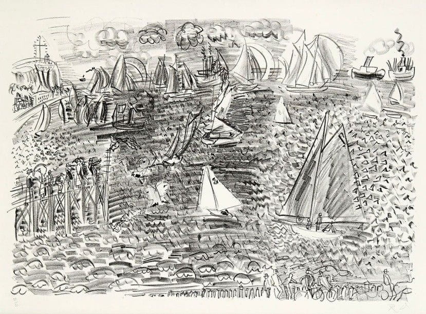 Raoul DUFY (1877-1953)

 Les Régates. (Pl. de l'album La Mer). 1933. Lithographie. 490 x 335. Très belle épreuve sur vélin blanc, numérotée et signée du monogramme au crayon. Marges. Tirage à 33 épreuves. Cadre.