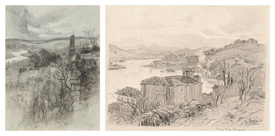 Amédée Féau (1872-1952)

 La Baie, Pasajes, Espagne. 1911. Dessin au fusain sur canson gris [535 x 410], annoté, daté et signé en bas à droite. Petits restes d'étiquettes de papier gommé dans les angles. Joint : Village en bord de rivière. Vers 1911. Dessin au fusain et au lavis d'encre de chine sur vélin fort [233 x 315], signé en bas à droite. Ens. 2 p.