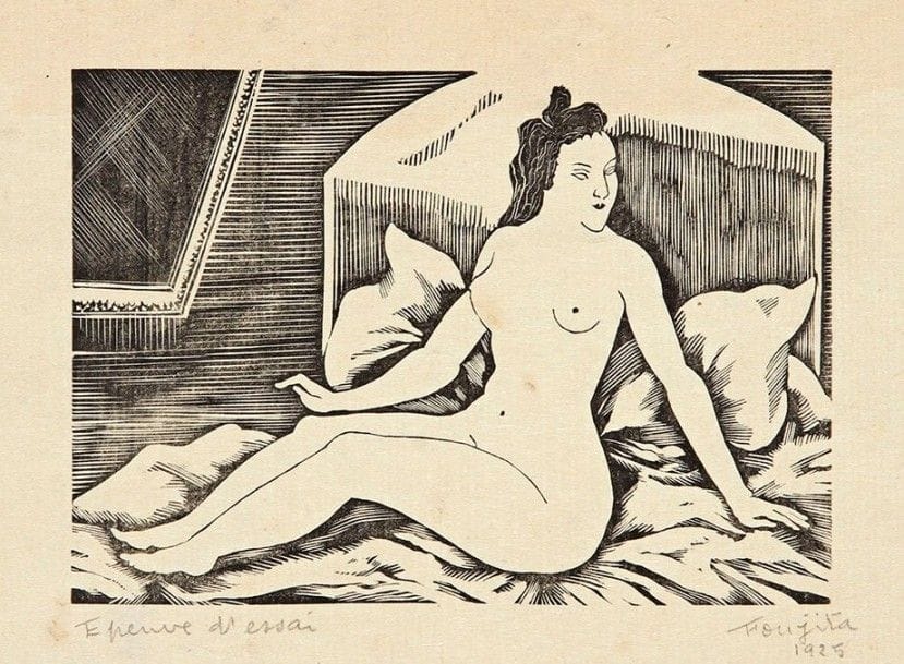 Léonard-Tsuguharu FOUJITA (1886-1968)

 Femme nue sur un lit. 1925. (Pl. pour P. Louÿs, Les Aventures du roi Pausole, Paris, Arthème Fayard, 1925). Gravure sur bois. 115 x 80. Buisson 25.107. Très belle épreuve de tiré à part sur japon mince collée sur bristol, annotée « Epeuve [sic] d'essai », signée et datée au crayon. Quelques rousseurs claires. Toutes marges. Rare.