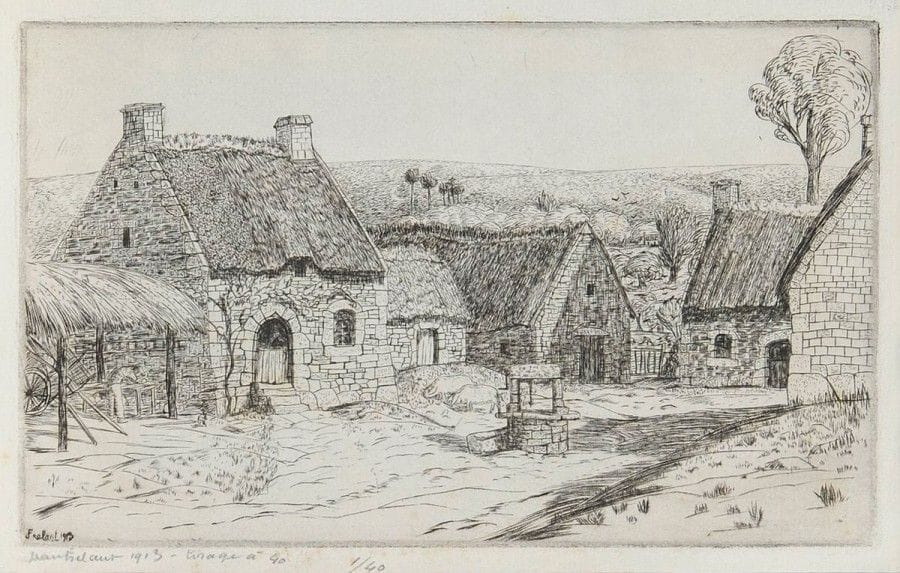 Jean FRÉLAUT (1879-1954)

 Le Berger dans les pins; Hameau breton; Le Berger et son chien. 1913. Pointe sèche; eau-forte. Formats divers. Delteil 134, 136 et 139. Belles épreuves sur différents papiers, signées au crayon, deux en outre annotées. Quelques rousseurs. Toutes marges. Ens. 3 p.