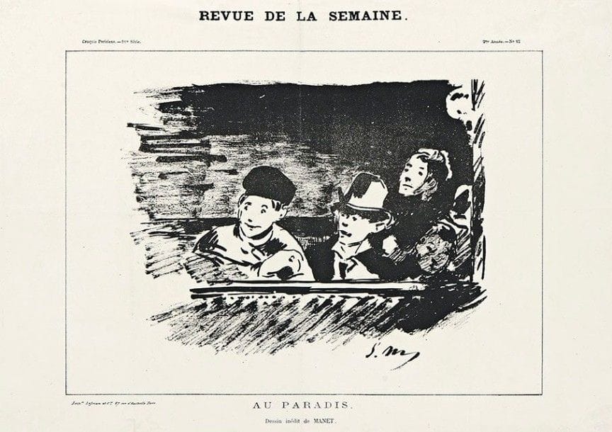 Edouard MANET (1832-1883)

 Au Paradis. 1877. Autographie (« brush-and-ink transfer relief » ou « gillotage » selon Fisher). [440 x 315]. Guérin 82; Harris 86; Fisher 73. Belle et rare épreuve sur vélin mince verdâtre, du tirage pour la Revue de la Semaine, « Croquis Parisiens, 1re série », 2e année, n° 12, bien complète de la lettre. Deux courtes déchirures en tête. Fins plis verticaux et horizontaux. Toutes marges. De toute rareté en cet état.
  Fisher n'avait jamais pu établir dans quelle publication cette planche était parue, faute d'avoir vu des épreuves avec la lettre. Le nom de Lefman et Cie, imprimeurs 57 rue d'Hauteville à Paris, corrobore l'idée qu'il s'agit d'un gillotage.