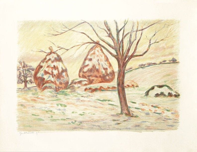 Armand GUILLAUMIN (1841-1927)

 Paysage aux meules, ou Les Meules en hiver à Palaiseau. 1898. Lithographie. 515 x 353. Kraemer 22. Impression en couleurs. Très belle et fraîche épreuve sur vergé crème filigrané « m b m », signée et numérotée à la plume et à l'encre. Fine trace d'empoussiérage aux bords du feuillet. Toutes marges non ébarbées. Tirage à 100 épreuves. A. Vollard éd.