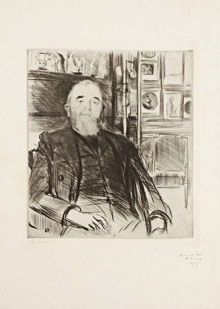 Paul-César HELLEU (1859-1927)

 Portrait d'Alexis Rouart. Avant 1897. Pointe sèche. 298 x 336. Superbe épreuve sur vergé ancien, chargée de barbes, soigneusement lavée, signée et numérotée au crayon puis dédicacée à la plume et à l'encre par le modèle : « A mon ami Viau / Al. Rouart / 1897 ». Quelques rousseurs claires éparses. Toutes marges non ébarbées.
  Provenance : vente succession Georges Viau, vol. 3, Paris Drouot (Maître Bellier), 26 février 1943, n° 46. 
 Alexis Rouart (1839-1911) était issu d'une famille d'industriels. Frère cadet d'Henri Rouart (1833-1912) dont la prodigieuse collection de tableaux (Delacroix, Millet, Degas, Corot...) fut dispersée en 1913, il avait lui-même réuni une remarquable collection de tableaux et dessins des grands maîtres du XIXe siècle, ainsi qu'un ensemble important d'objets d'Extrême-Orient et un grand choix d'estampes en très belles épreuves.
 Le docteur Georges Viau (1855-1939) était un chirurgien-dentiste, collectionneur d'art et mécène, proche de la famille Rouart. Il composa plusieurs collections successives qu'il vendit tour à tour. Les plus grands noms de l'impressionnisme figuraient déjà dans sa première vente en 1907. Il achetait directement aux artistes, recommanda Pissarro à Vollard, soutint particulièrement Sisley en difficulté à la fin de sa vie. Les ventes posthumes dispersèrent en décembre 1942, février 1943 et juin 1948 l'intégralité de l'ensemble où s'était concentrée toute l'histoire du pré-impressionnisme et de l'impressionnisme.