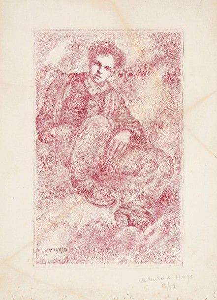 Valentine Hugo (1887-1968)

 Rimbaud aux chouettes. Illustration pour P. Éluard, Les Animaux et leurs hommes, les hommes et leurs animaux. Paris, chez l'artiste, 1937. Eau-forte. 147 x 237. Impression en violet. Belle épreuve sur vélin fort, l'une des 17 en tiré à part, signée et numérotée au crayon. Traces claires d'oxydation. Toutes marges.