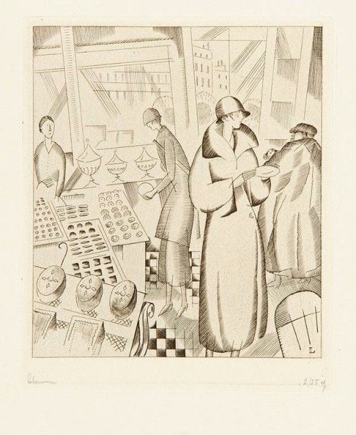 Jean-Emile LABOUREUR (1877-1943)

 Chez le pâtissier. 1924. Burin. 115 x 140. Laboureur 278. Réunion de 3 épreuves des 1er, 2e et 3e états (sur 3), sur vélin mince, toutes signées au crayon, 2 numérotées. Toutes marges.