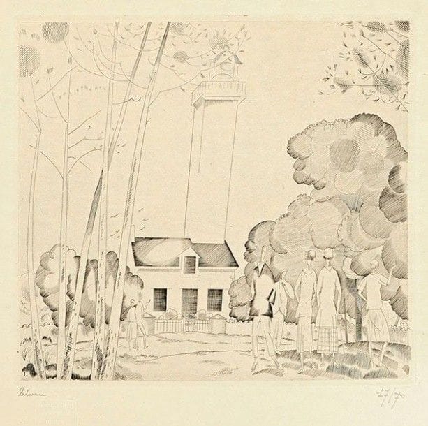 Jean-Emile LABOUREUR (1877-1943)

 La Promenade au phare. 1925. Burin. 185 x 170. Laboureur 302. Très belle épreuve sur japon mince crème, signée et numérotée au crayon. Quelques infimes plis cassés (notamment en travers de la jambe de l'homme). Toutes marges. Tirage à 70 épreuves. Timbre sec : H. Petiet éditeur Paris (Lugt 2021a).