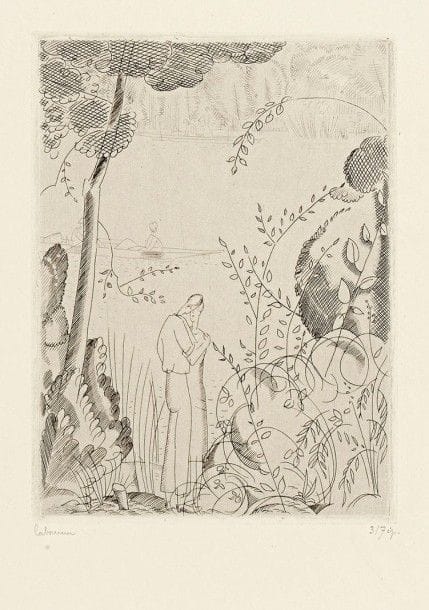 Jean-Emile LABOUREUR (1877-1943)

 Les Amoureux du bord de l'eau. 1925. Burin. 112 x 150. Laboureur 311. Réunion de 3 épreuves sur vélin mince, l'une du 1er état (sur 3), avant de nouveaux travaux, les deux autres de l'état définitif, une légèrement oxydée et annotée « Epreuve d'artiste », toutes signées et numérotées au crayon. Toutes marges non ébarbées. Tirage définitif à 65 épreuves. Timbre sec aux deux dernières : H. Petiet éditeur Paris (Lugt 2021a).