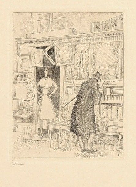 Jean-Emile LABOUREUR (1877-1943)

 Le Fureteur. 1929. Eau-forte et burin. 113 x 150. Laboureur 398. Très belle épreuve sur simili-japon fort, signée à la mine de plomb. Toutes marges.
 Planche ayant servi de frontispice au Catalogue des très beaux livres illustrés de gravures originales, de Delacroix à Chagall (S. A. Georg, Libraires, 1929).
