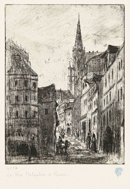 Camille PISSARRO (1830-1903)

 La Rue Malpalue, à Rouen. 1883-1884. Eau-forte et pointe sèche. 146 x 198. Delteil 53. Très belle et fraîche épreuve sur vergé, l'une des 30 du tirage de 1907, numérotée, titrée au crayon et timbrée (Lugt 613d). Infime oxydation aux bords du feuillet. Toutes marges. Tirage total à50 épreuves (dont 10 du vivant de l'artiste).