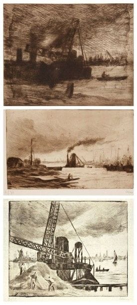 Maximilien Luce (1858-1941)

 Vues de ports en Hollande (Rotterdam; Dordrecht). Vers 1890-1895. Formats divers. Très belles épreuves tirées en noir bistré, sur différents papiers, 2 numérotées et signées au crayon. Quelques petites rousseurs éparses et courte déchirure au bord gauche à une pl. Toutes marges. Ens. 3 p.