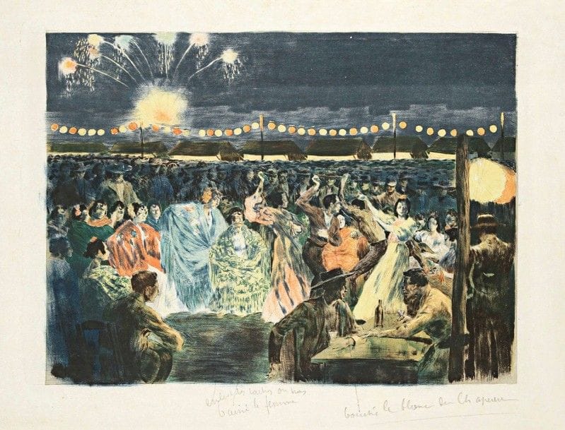 Alexandre LUNOIS (1863-1916)

 Une nuit à Grenade (ou à Séville). Vers 1897. Lithographie. 387 x 285. I.F.F. 86. Impression en couleurs. Très belle et fraîche épreuve sur chine volant, non signée, l'indentation de la pierre très visible. Annotation à destination du tireur : « enlever les taches du bras baissé [de] la femme » et « bouché [sic] le blanc du chapeau ». Infimes rousseurs claires et taches claires au verso. Courte déchirure au bord droit et traces de plis souples. Toutes marges. 
 Provenance : succession d'Auguste Clot, imprimeur lithographe.