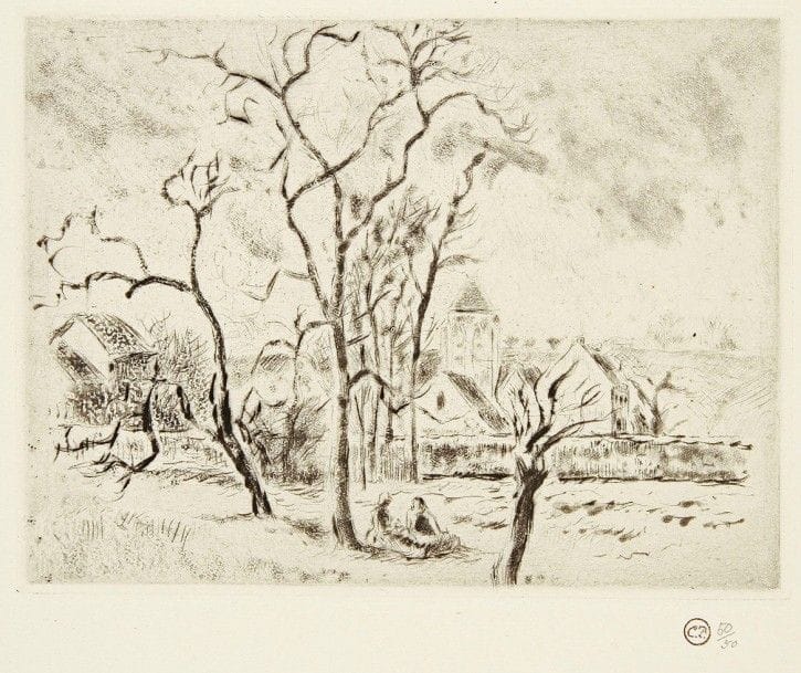 Camille PISSARRO (1830-1903)

 Église d'Osny, près Pontoise. 1885. Pointe sèche et aquatinte. 157 x 120. Delteil 62. Très belle et fraîche épreuve, l'une des 40 tirées en 1920 sur vergé, timbrée (Lugt 613f) et numérotée au crayon. Très grandes marges. Tirage total à 62 épreuves (dont seulement 12 du vivant de l'artiste).