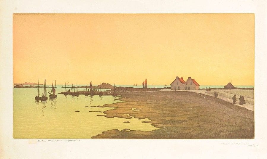 Henri Meunier (1873-1922)

 Rentrée des pêcheurs (Saint-Guénolé). 1908. Eau-forte et aquatinte. 473 x 247. Impression en couleurs. Très belle épreuve sur vergé, timbrée, titrée, signée et datée « nov. 1911 » au crayon, puis annotée « Bon à tirer » en pied. Quelques rousseurs claires éparses. Courts plis cassés dans l'angle supérieur gauche. Toutes marges.