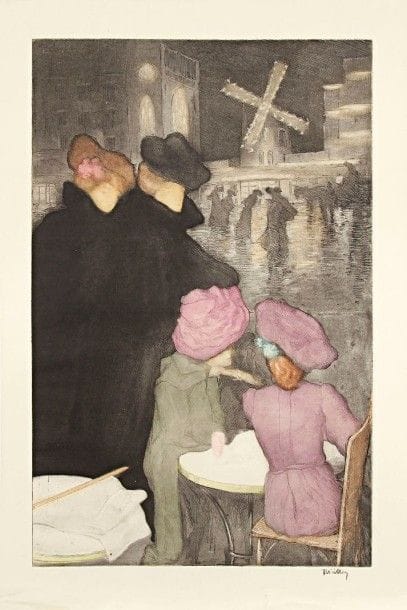 Alfredo MÜLLER (1869-1940)

 Place Blanche (quatre femmes), ou Le Moulin Rouge (effet de nuit). 1899. Eau-forte et aquatinte. 410 x 655. Koehl E75. Impression en couleurs. Très belle épreuve sur vélin fort, revêtue d'une signature à la pierre noire (non reconnue par Mme Koehl). Courtes déchirures et quelques plis cassés aux bords du feuillet. Toutes marges. Tirage posthume.
