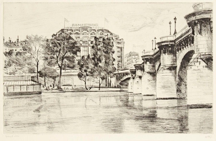 Louis-Marcel MYR (1893-1964)

 Le Pont Neuf et la Samaritaine. Vers 1930. Pointe sèche. 392 x 247. Très belle épreuve sur vélin, annotée « épreuve d'artiste » et signée au crayon. Toutes marges.