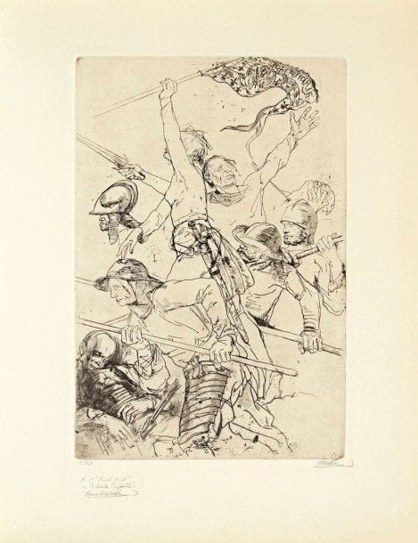 Bernard NAUDIN (1876-1946)

 Soldats avec lances. Eau-forte. 315 x 475. Très belle et fraîche épreuve sur simili-japon, annotée au crayon « 1er Etat », signée puis dédicacée « A Mr Marcel Guiot / en cordiale sympathie » puis signée de nouveau. Toutes marges. Joint : Enfants. Pointe sèche. 130 x 180. Très belle épreuve sur vergé ancien, annotée au crayon « 1e Epreuve » et signée. Quelques rousseurs claires. Toutes marges. Ens. 2 p.