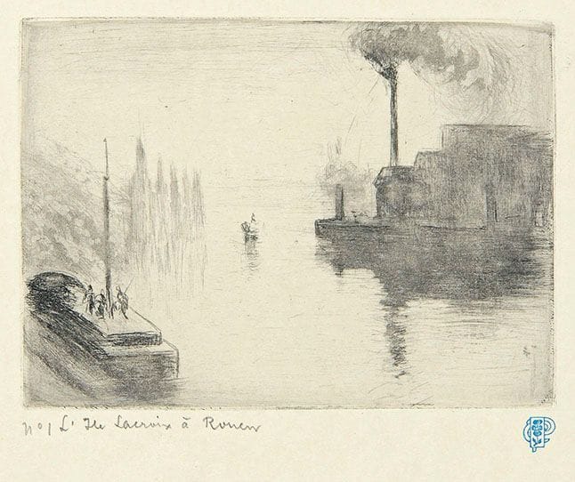 Camille PISSARRO (1830-1903)

 L'Île Lacroix à Rouen. 1887. Pointe sèche et aquatinte. 155 x 115. Delteil 69. Très belle et fraîche épreuve sur japon fort, l'une des 40 du tirage de 1907 (dont seulement 10 sur ce papier), annotée au crayon « n° 1 L'Île Lacroix à Rouen » et timbrée (Lugt 613d). Toutes marges. Tirage total à environ50 épreuves.
