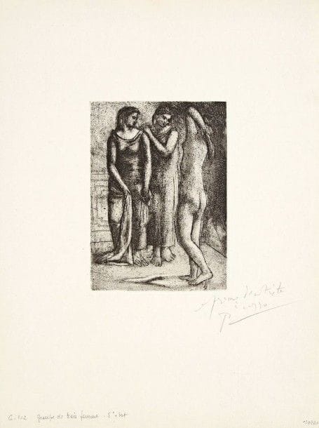 Pablo Picasso (1881-1973)

 Groupe de trois femmes. 1922-1923. Eau-forte, pointe sèche et grattoir sur zinc. 130 x 176. Bloch 57; Baer-Geiser 102 VI b. Superbe épreuve sur vergé de Montval, annotée « épreuve d'artiste » et signée au crayon. Toutes marges. Tirage à 100 épreuves (outre 15 épreuves d'artiste dont 10 signées). Marcel Guiot éd.