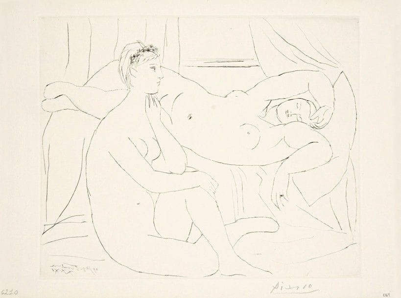 Pablo Picasso (1881-1973)

 Deux femmes se reposant (Suite Vollard, pl. 10). 1931. Pointe sèche. 370 x 298. Bloch 143; Baer-Geiser 210 B d. Très belle et fraîche épreuve sur vergé de Montval filigrané « Vollard », l'une des 260 à petites marges, signée au crayon. Léger pli souple oblique en travers du flanc du modèle de gauche. Toutes marges non ébarbées.