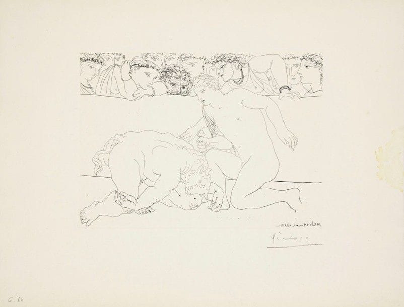 Pablo Picasso (1881-1973)

 Minotaure vaincu (Suite Vollard, pl. 89). 1933. Eau-forte. 268 x 192. Bloch 197; Baer-Geiser 365 B d. Très belle et fraîche épreuve sur vergé de Montval filigrané « Vollard », l'une des 260 à petites marges, signée au crayon. Auréole rousse d'humidité au bord de la marge droite. Toutes marges non ébarbées.
