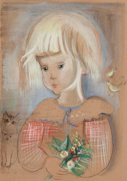 Mily Possoz (portugaise, 1888-1967)

 Fillette au bouquet avec chats et oiseaux. Vers 1930. Lithographie. 280 x 395. Bonne épreuve sur vélin, oxydée, numérotée et signée au crayon, largement reprise à la gouache. Rousseurs éparses. Éraflure oblique au-dessus de la signature. Toutes marges. Tirage à50 épreuves. Cadre.
