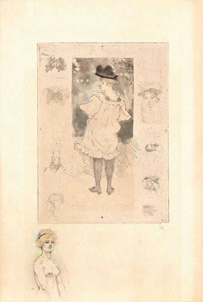 Armand Rassenfosse (1862-1934)

 Jeune fille en chapeau de dos. Vers 1890. Vernis mou et pointe sèche. [345 x 510]. Belle épreuve imprimée en noir et rose sur vélin fort, oxydée, le sujet principal entouré de remarques à la pointe sèche et repris aux crayons de couleurs et à la gouache, signée du monogramme au crayon rouge, enrichie d'une importante remarque au crayon et au pastel en pied, signée au crayon. Toutes marges.