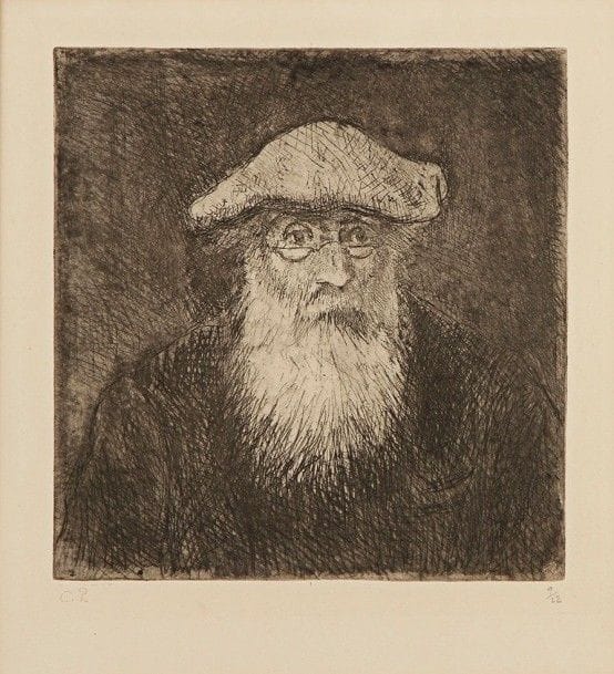 Camille PISSARRO (1830-1903)

 Camille Pissarro, par lui-même. Vers 1890. Eau-forte et pointe sèche. 175 x 185. Delteil 90. Très belle épreuve sur vélin mince l'une des 22 du tirage posthume, timbrée (Lugt 613e) et numérotée au crayon. Légère oxydation du feuillet. Toutes marges. Tirage total à environ50 épreuves (dont seulement 28 du vivant de l'artiste). Cadre.