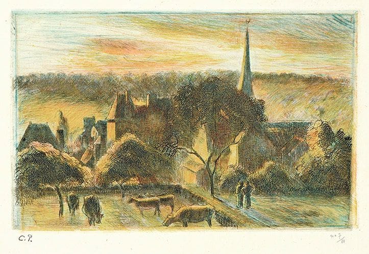 Camille PISSARRO (1830-1903)

 Église et ferme d'Éragny. 1895. Eau-forte et pointe sèche. 247 x 156. Delteil 96. Impression en couleurs. Très belle et fraîche épreuve sur vergé ancien mince, l'une des 11 du tirage posthume effectué en couleurs par Cailac (le repérage des plaques mal assuré), timbrée (Lugt 613e) et numérotée au crayon. Traces de plis marginales. Toutes marges. Tirage total à 29 épreuves (dont seulement 11 du vivant de l'artiste).
