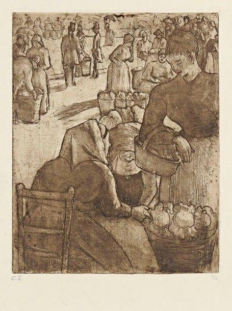 Camille PISSARRO (1830-1903)

 Marché aux légumes, à Pontoise. 1891. Eau-forte, aquatinte et pointe sèche.200 x 255. Delteil 97. Très belle et fraîche épreuve tirée en bistre sur vélin crème, l'une des 12 du tirage posthume, timbrée (Lugt 613e) et numérotée au crayon. Trace de pli oblique sous le sujet. Toutes marges. Tirage total à nombre (dont les épreuves pour le tome XVII du Peintre-Graveur Illustré de L. Delteil).