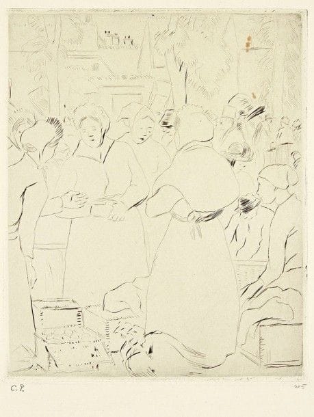 Camille PISSARRO (1830-1903)

 Marché aux oeufs. 1902. Eau-forte. 220 x 267. Delteil 127. Très belle et fraîche épreuve sur vélin, timbrée (Lugt 613e) et numérotée au crayon. Toutes marges.
 « Cette pièce restée inachevée a été mordue, après la mort de l'artiste, et tirée seulement à 12 épreuves timbrées et numérotées. » (Delteil).