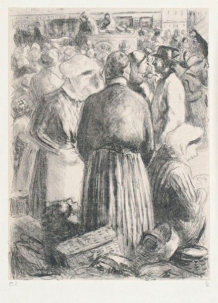 Camille PISSARRO (1830-1903)

 Marché à Pontoise. Vers 1895. Lithographie. 227 x 308. Delteil 147. Très belle et fraîche épreuve sur ingres rosâtre appliqué, l'une des 6 du tirage posthume, timbrée (Lugt 613e) et numérotée au crayon. Court pli cassé dans l'angle supérieur gauche. Toutes marges. Tirage total à 51 épreuves (dont 45 du vivant de l'artiste).