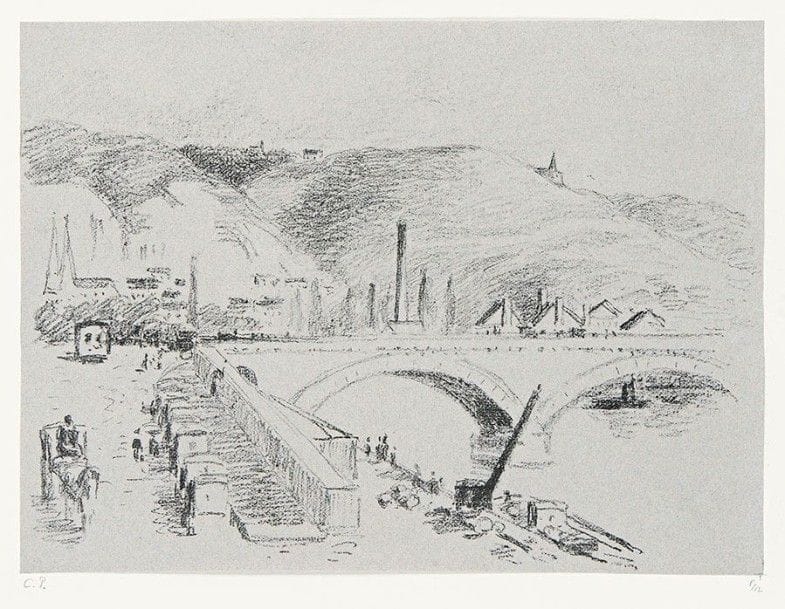 Camille PISSARRO (1830-1903)

 Pont Corneille à Rouen. 1896. Autographie. 309 x 230. Delteil 170. Très belle et fraîche épreuve sur ingres gris appliqué (légèrement décollé), l'une des 12 du tirage posthume, timbrée (Lugt 613e) et numérotée au crayon. Toutes marges. Tirage total à 19 épreuves (dont seulement 7 du vivant de l'artiste).