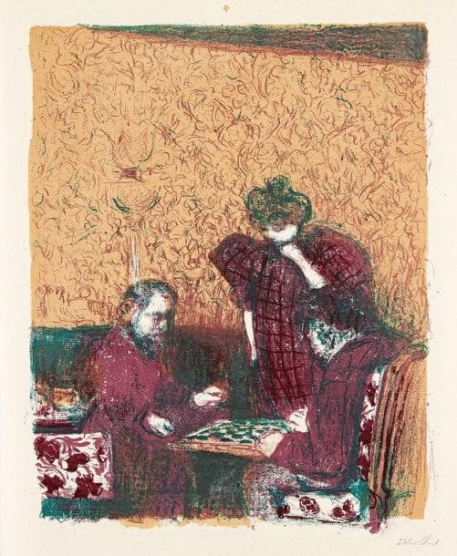 Edouard VUILLARD (1868-1940)

 Paysages et Intérieurs. 1899. Exceptionnelle suite complète des 12 lithographies (des presses d'Auguste Clot) et de la couverture. Roger-Marx 33 à 45; U. Johnson, Ambroise Vollard éditeur, Prints, Books, Bronzes, New York, The Museum of Modern Art, 1977, n° 155. Impression en couleurs. Tirage à 100 épreuves. A. Vollard éditeur. 
  Comprenant : 
 -Couverture. 400 x 510. Très belle épreuve sur chine volant, signée au crayon. Quelques petites rousseurs et taches claires. Petites amincissures inhérentes à la texture du papier. Toutes marges non ébarbées. 
 -La Partie de dames. 275 x 365. Très belle épreuve d'essai sur chine volant, les croix de pointure très apparentes, signée au crayon. Petites marges [306 x 375]. 
 -L'Avenue. 410 x 315. Très belle épreuve sur chine volant, signée au crayon. Petites marges [450 x 330]. 
 -À travers champs. 345 x 260. Très belle épreuve sur chine volant, signée au crayon. Petites marges [404 x 313]. 
 -Intérieur à la suspension. 285 x 360. Très belle épreuve d'essai sur chine volant, les trous de pointure très apparents, signée au crayon. Petites marges [300 x 385].
 -Intérieur aux tentures roses I. 275 x 345. Très belle épreuve sur chine volant, signée au crayon. Petites marges [305 x 395].
 -Intérieur aux tentures roses II. 290 x 345. Très belle épreuve sur chine volant, signée au crayon. Petites marges [308 x 392].
 -Intérieur aux tentures roses III. 275 x 362. Très belle épreuve d'essai sur chine volant, les trous de pointure très apparents, signée au crayon. Petites marges [398 x 375].
 -L'Âtre. 275 x 355. Très belle épreuve d'essai sur chine volant, les croix de pointure très apparentes, signée au crayon. Petites marges [325 x 403].
 -Sur le Pont de l'Europe. 365 x 315. Très belle épreuve d'essai sur chine volant, la croix de pointure de gauche très apparente, non signée. Semis de minuscules rousseurs le long du bord inférieur. Toutes marges non ébarbées [450 x 355].
 -La Pâtisserie. 272 x 
