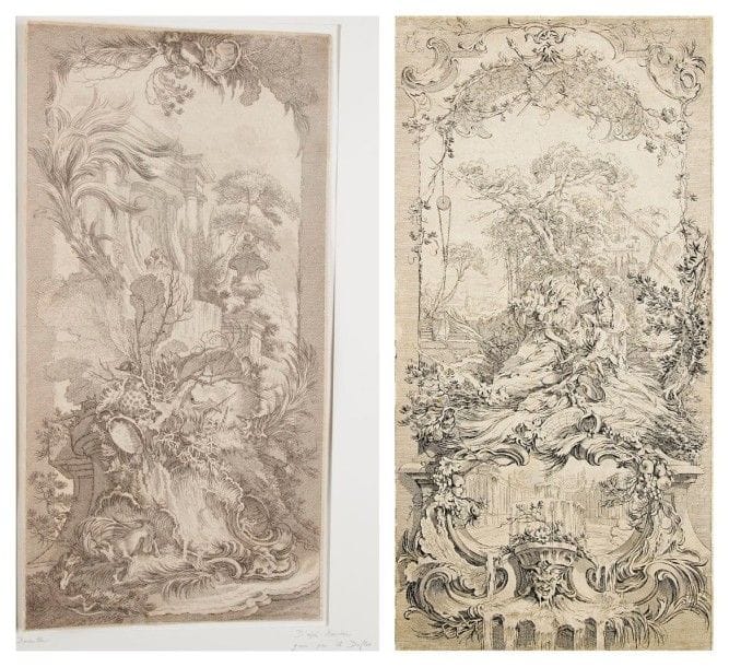 François Boucher (1703-1770) (d'après)

 Ornements rocaille pour des paravents. Eau-forte par Duflos. 253 x 492 et 248 x502. P. Jean-Richard 872 et non décrit. Belles épreuves à l'eau-forte pure, rognées sur le coup de planche, sans la tablette. Menus accidents. Habiles restaurations visibles au verso. Ens. 2 p.