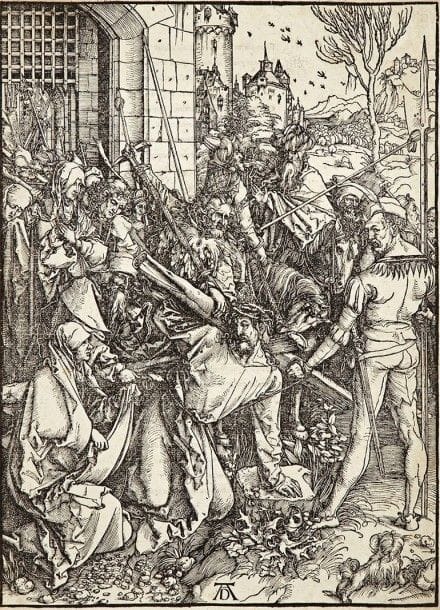 Albrecht Dürer (1471-1528)

 Le Portement de croix. (Pl. de La Grande Passion). 1498. Bois gravé. 283 x 400. Bartsch 10; Meder 119. Très belle épreuve du tirage avec le texte latin (1511), rognée au trait carré ou avec filet de marge à l'extérieur de celui-ci. Petites restaurations dans l'angle supérieur droit du sujet, avec auréole d'humidité associée au verso. Nombreux courts plis de tirage (ou de séchage) horizontaux. Quelques rousseurs claires.
