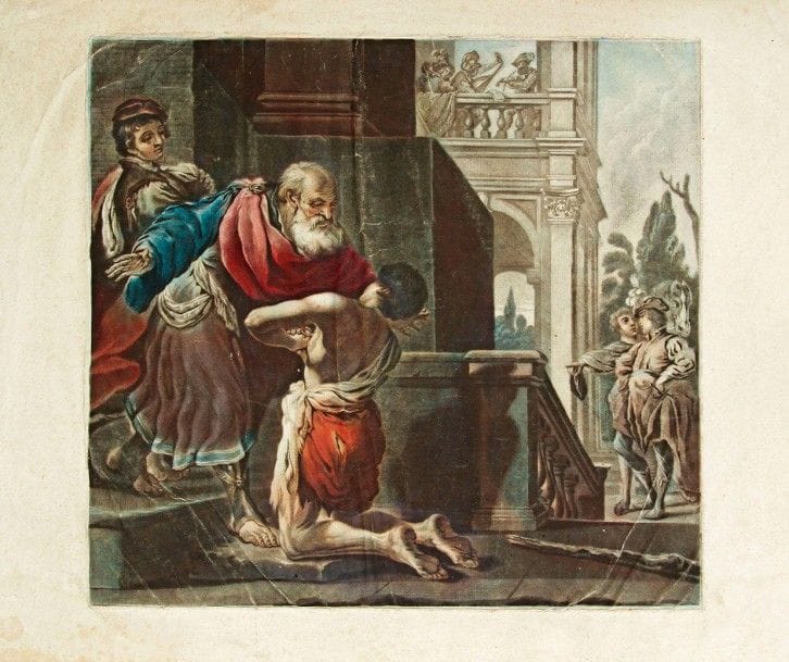 Louis-Charles Gautier-Dagoty (1740-après 1787)

 Le Retour de l'enfant prodigue. Manière noire (vraisemblablement d'après le Guerchin). 382 x 357. I.F.F. 1; Anatomie de la couleur; l'invention de l'estampe en couleurs, n° 33. Impression en couleurs (à quatre planches : noir, bleu, jaune, rouge). Belle épreuve avec forts plis de tirage et ondulations frottés en surface. Légère oxydation du feuillet. Belles marges.
 « On connaît peu de choses sur le quatrième fils de Jacques-Fabien, et sa production reste limitée. Il semble qu'il ait travaillé en Italie puisqu'au moins deux de ses gravures sont dédiées à des dignitaires italiens auxquels appartenaient les tableaux?
 Les couleurs semblent avoir été préparées ici directement sur la plaque à encrer et non plus dans l'optique d'un mélange trichrome s'opérant au fur et à mesure de l'impression. Le repérage des plaques est également des plus approximatifs : les coups de planche, fortement marqués, font apparaître des différences jusque dans le format des cuivres? » (Corinne Le Bitouzé, in Anatomie de la couleur; l'invention de l'estampe en couleurs, BNF, Paris, et Musée Olympique, Lausanne, 1996, p. 141.)