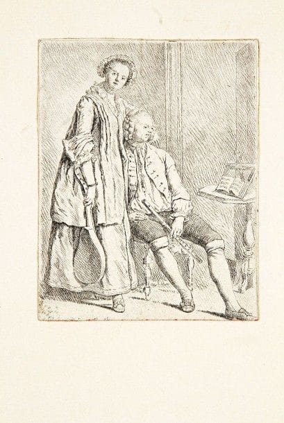 Johann Gottlieb Glume (1721-1778)

 Joh. Michael Hoppenhaupt der Jüngere Bildhauer und Zierratheur zu Berlin nebst seiner Frau. (Le Peintre et décorateur J. M. Hoppenhaupt le Jeune à Berlin auprès de son épouse). Vers 1745. Eau-forte (« ad vivum »). 100 x 130. Bonne épreuve rognée au sujet et dans la mention gravée, avec petite atteinte au pied du modèle, doublée et collée sur feuillet de vergé.
  Le modèle, J. M. Hoppenhaupt le Jeune (pour le distinguer de son père du même nom, peintre à la cour de Saxe), naquit en 1709 et mourut après 1755 à Merseburg. Il est ici représenté avec sa femme, chacun tenant un instrument de musique. Hoppenhaupt se rendit à la cour de Frédéric II en compagnie de son jeune frère également peintre. Tous deux travaillèrent comme sculpteurs, architectes et décorateurs d'intérieurs, notamment aux châteaux de Charlottenburg et de Sanssouci.