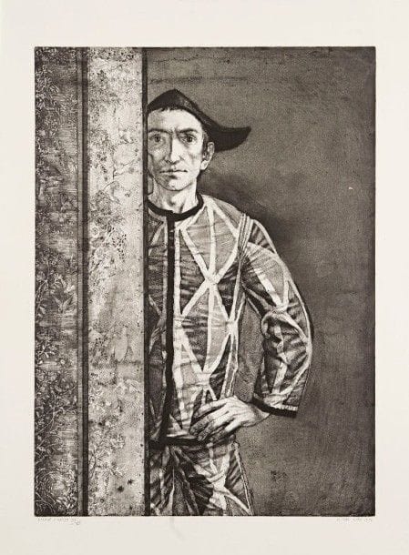 Michel CIRY (né en 1919)

 Arlequin au paravent japonais. 1973. Eau-forte, pointe sèche et aquatinte. 430 x 593. Très belle épreuve sur vélin, annotée « épreuve d'artiste » et numérotée en chiffres romains, signée et datée à la plume et à l'encre, puis titrée en pied. Plis cassés et infime accident en pied. Toutes marges.