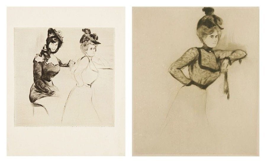 Edgar CHAHINE (1874-1947)

 Contraste; Portrait de femme. 1899. Pointe sèche. 220 x 215 et 295 x 350. Tabanelli 25 et 29. Très belles épreuves, respectivement sur vélin et vergé, la 2e tirée en vert olive, légèrement oxydée. Toutes marges. Tirage à respectivement 20 et quelques dizaines d'épreuves. Ens. 2 p.