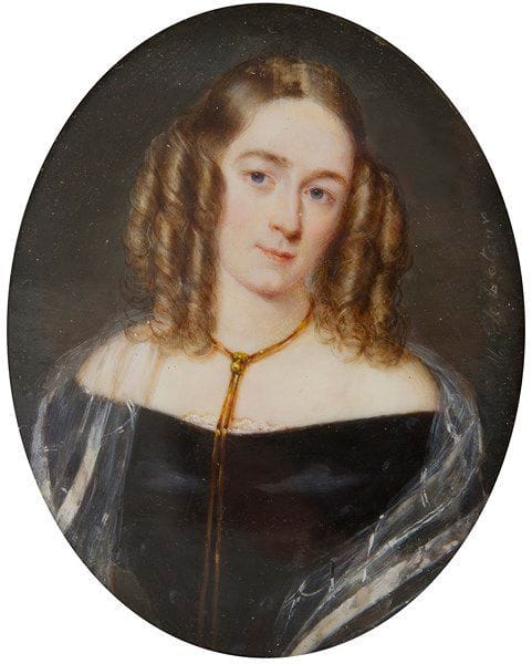 École française ou belge vers 1840

Jeune femme coiffée d'anglaises, en robe noire et châle d'organdi. 
Miniature ovale sur ivoire, 8,5 x 7 cm 
Porte une signature à droite: E.M. de Latour. 
Cerclage en laiton doré. 
(Restaurations)