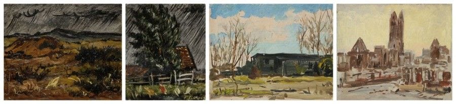 Quatre huiles sur carton:
- Ruine d'une église, annotation au dos, dont une date - 14 juillet 1945 - et Holland N°93.
19,5 x 24 cm
- Paysage de pluie, avec une oie au premier plan, au dos: Holland N°135.
21,9 x 18 cm
- Maisonnette, poules picorant, signé en bas à droite, au dos: Holland N°137.
21,7 x 17,8 cm
- Maison sous un ciel bleu, signé en bas à gauche, au dos: Holland N°147.
23,8 x 18,4 cm