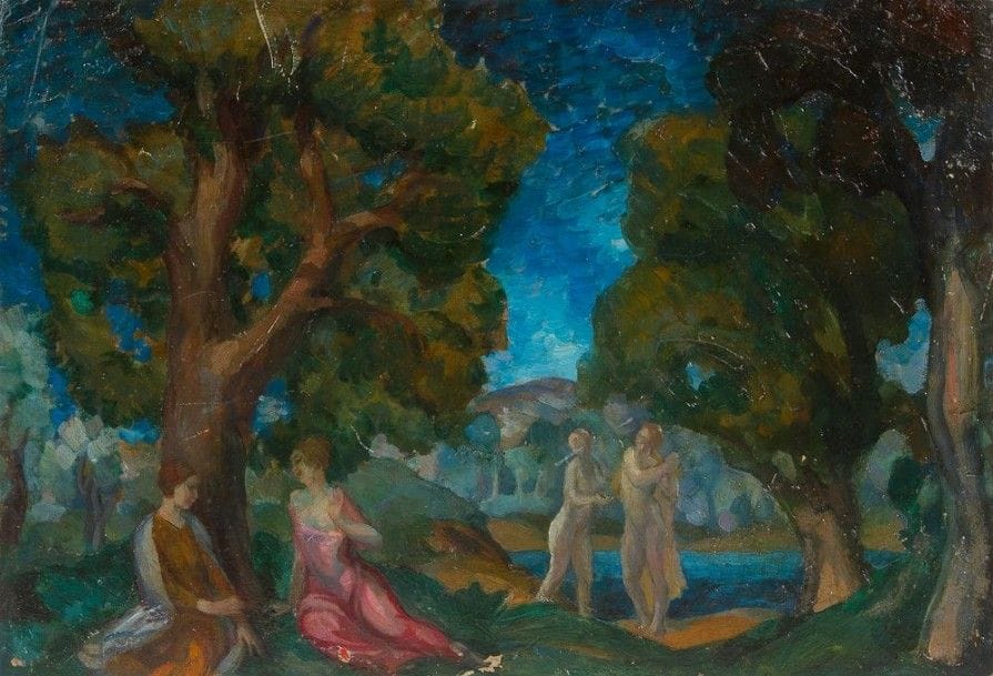 Pavel Semenovitch NAUMOV (1884 - 1942, Leningrad)

Les baigneuses
Huile sur carton marouflé sur carton.
Au verso, indications, et signature sur un ancien support.
32 x 46,5 cm
Peintre, dessinateur, professeur à l'Académie des Beaux-Arts. Peintre, dessinateur, professeur à l'Académie des Beaux-Arts. De 1904 à 1911, a étudié à l'école supérieure de peinture, sculpture et architecture près l'Académie des Beaux-Arts auprès de D. N. Kardovsky. Pendant la première guerre mondiale, a servi comme infirmier en même temps qu'Essenine à Feodorovsky Gorodok. Il en est resté un portrait d'Essenine dessiné par Naoumov d'après nature en date du 22 novembre 1916. Naoumov a enseigné à l'école pour la promotion des arts. Membre et exposant des associations «Communauté des artistes» (1921-1922, 1925), «Camaraderie des artistes» (1922), «Les seize» (1922, 1924, 1927). A participé à la première exposition libre des ?uvres artistiques (1919), à l'exposition des artistes de Pétrograd de toutes les tendances (1923), à l'exposition jubilé des beaux-arts (1927) à Pétrograd - Léningrad et autres. A enseigné à l'institut de peinture, architecture et sculpture de Léningrad, à partir de 1932, directeur de la faculté de peinture, à partir de 1934, professeur à la chaire de peinture. Est décédé pendant le blocus de Léningrad