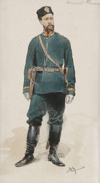 Felician von MYRBACH baron de Rheinfeld (1853, Zaleszczyki en Galicie - 1940, Klagenfurt en Carinthi

Sous-officier d'infanterie de ligne, tenue de 1881
Aquarelle, rehauts de gouache et encre.
Signée en bas à droite.
20 x 14,3 cm Publiée dans les cahiers d'enseignement illustrés «l'Armée Russe» Baschet. Paris 1886-1890.
F. von Myrbach, officier, peintre et illustrateur. Enseignant puis directeur de l'école des arts appliqués de Vienne de 1899 à 1905. Fait partie des membres fondateurs de la Sécession de Vienne. Expose au Salon des Arts Artaria en 1898 et à l'exposition de Printemps de la Sécession en 1928. Il se spécialise dans les sujets militaires